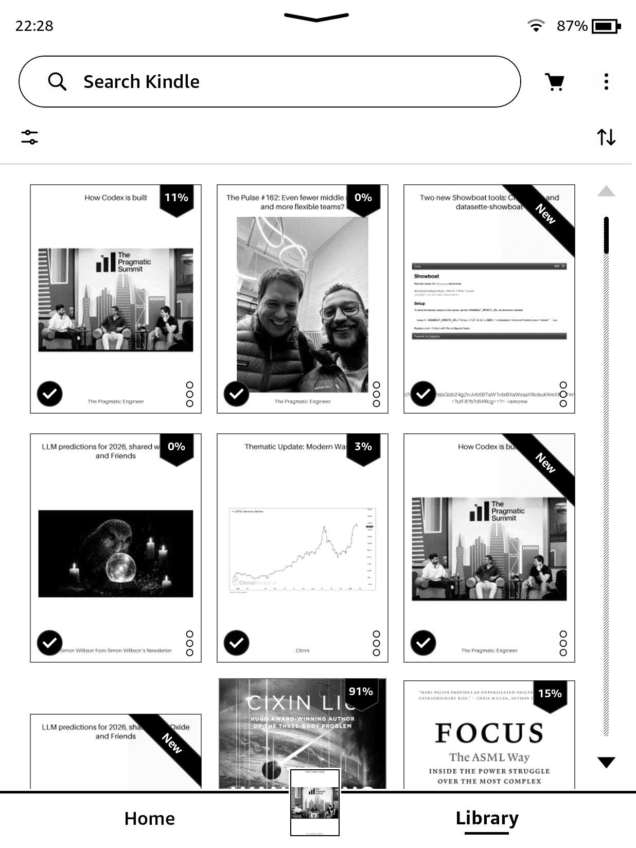 Kindle showing newsletter covers
